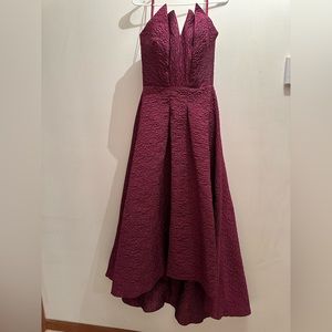 Theia Imogen Strapless High-Low Jacquard Gown in Wineberry from Saks Fifth.